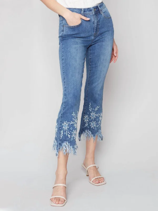 Cropped Jeans With Embroidered Feathered Hem In Medium Blue