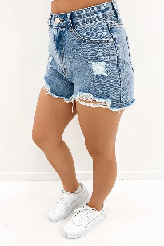 Kaylie Ripped Denim Short Mid Blue