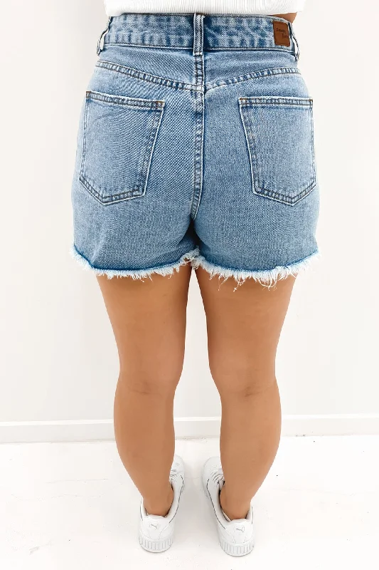 Kaylie Ripped Denim Short Mid Blue