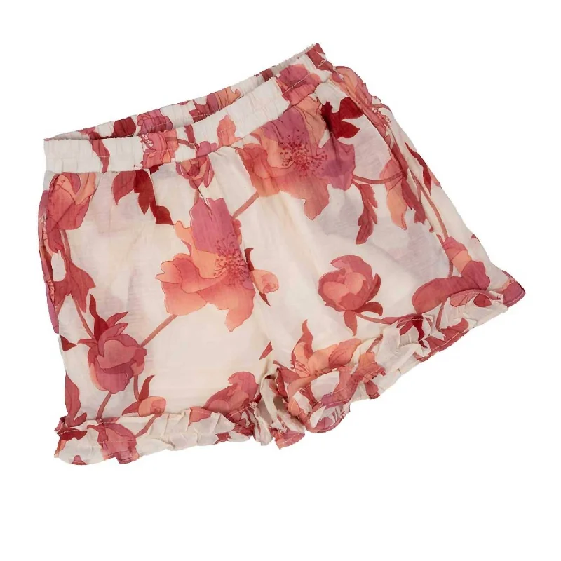 Textured Floral Ruffle Shorts In Red/natural