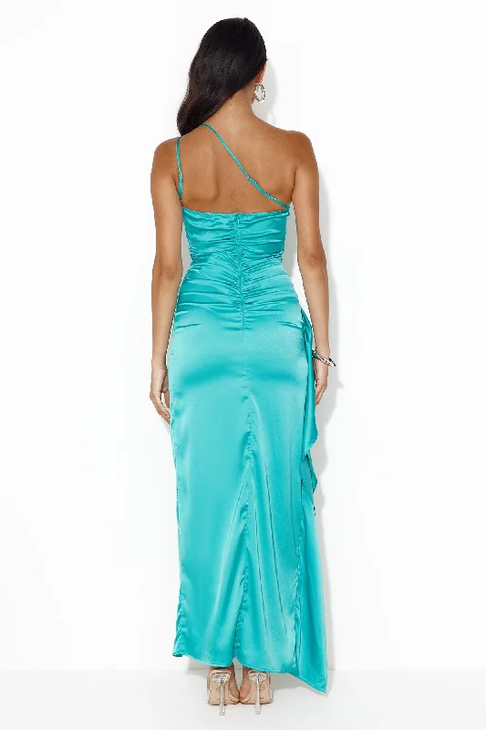 Extra Special One Shoulder Satin Maxi Dress Aqua