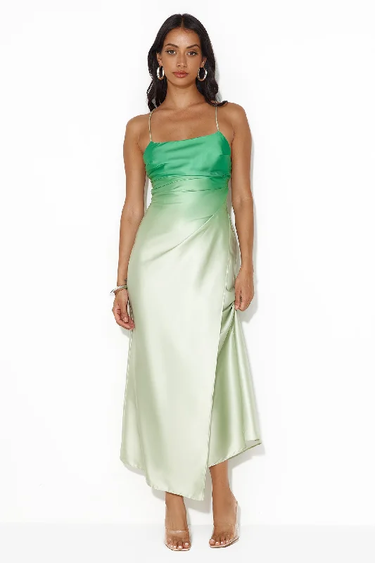 Forest Pixie Satin Midi Dress Green