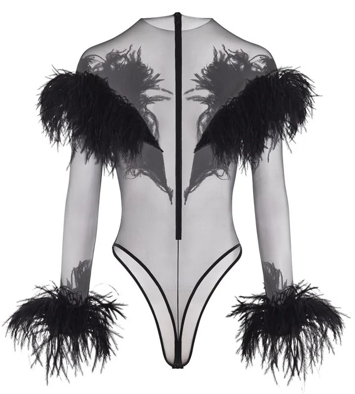 black feather sheer bodysuit