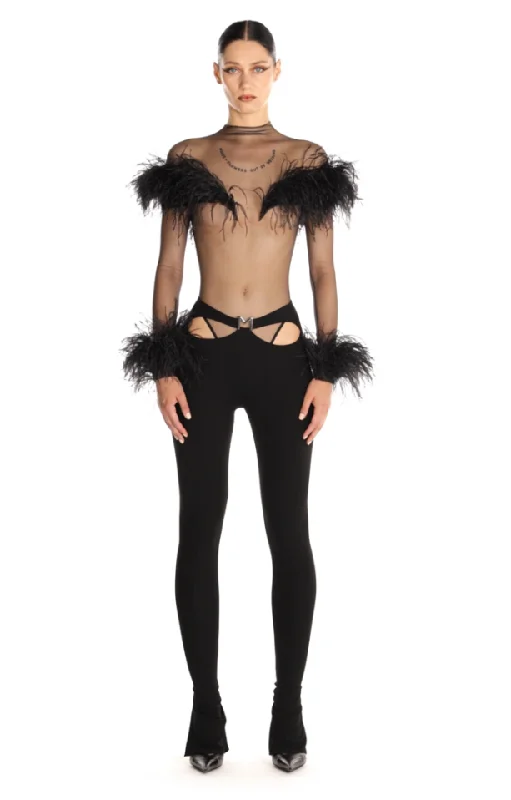 black feather sheer bodysuit