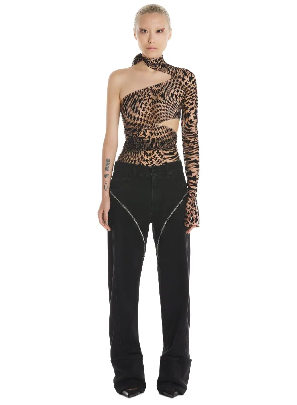 black flocked mesh wrapped bodysuit