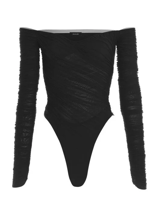 black ruched mesh bodysuit