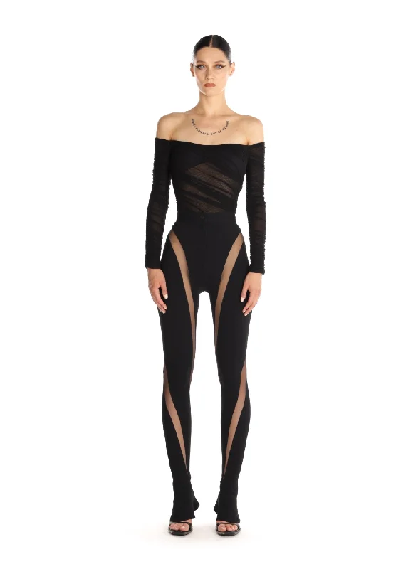 black ruched mesh bodysuit