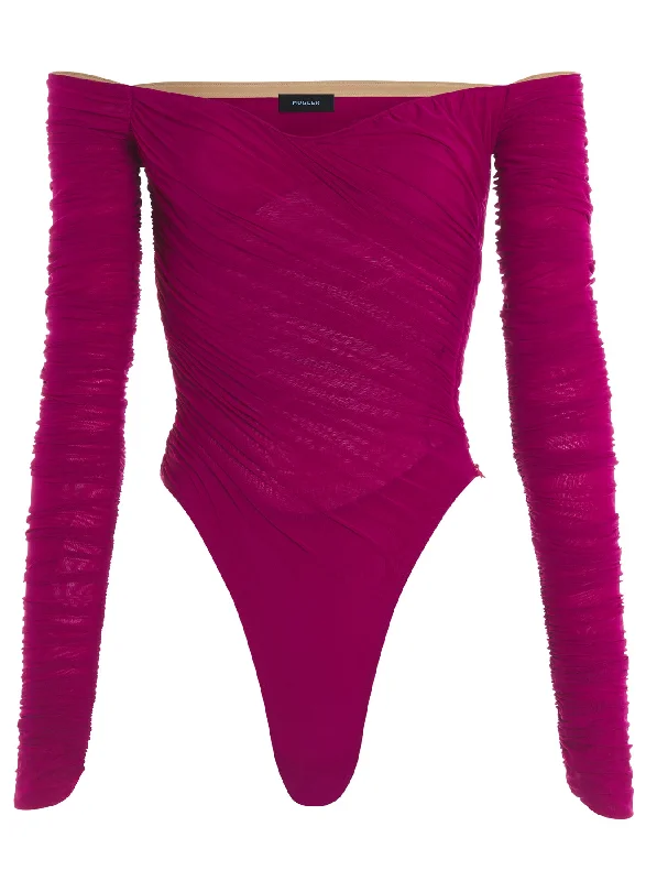 magenta ruched mesh bodysuit