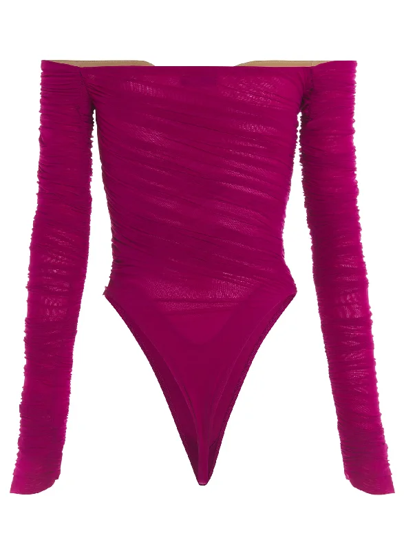 magenta ruched mesh bodysuit