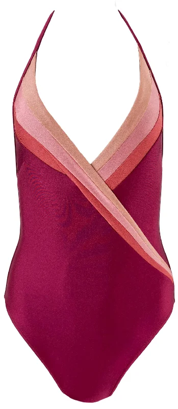 Zimmermann Striped Halterneck Swimsuit in Merlot