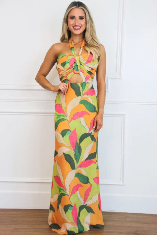 Aura Halter Floral Maxi Dress: Orange/Lime Multi