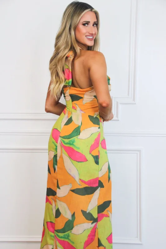 Aura Halter Floral Maxi Dress: Orange/Lime Multi