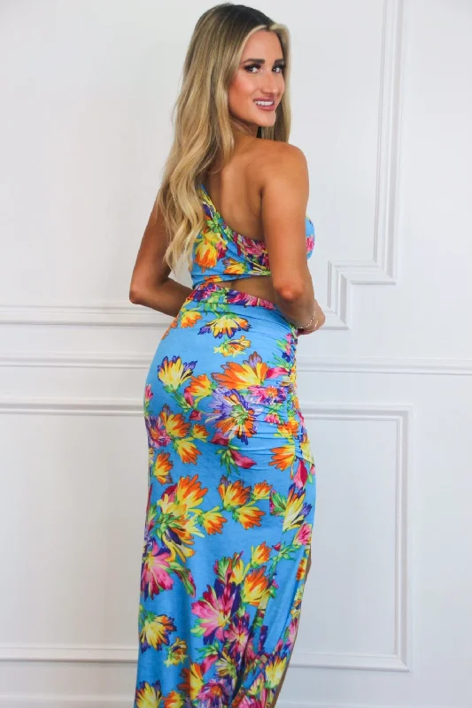 Ava Cutout One Shoulder Maxi Dress: Blue FLORAL