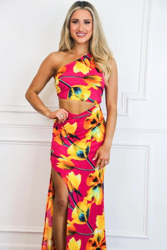 Ava Cutout One Shoulder Maxi Dress: Hot Pink/Orange Floral Multi