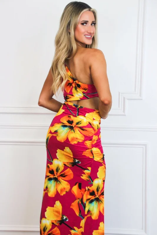 Ava Cutout One Shoulder Maxi Dress: Hot Pink/Orange Floral Multi