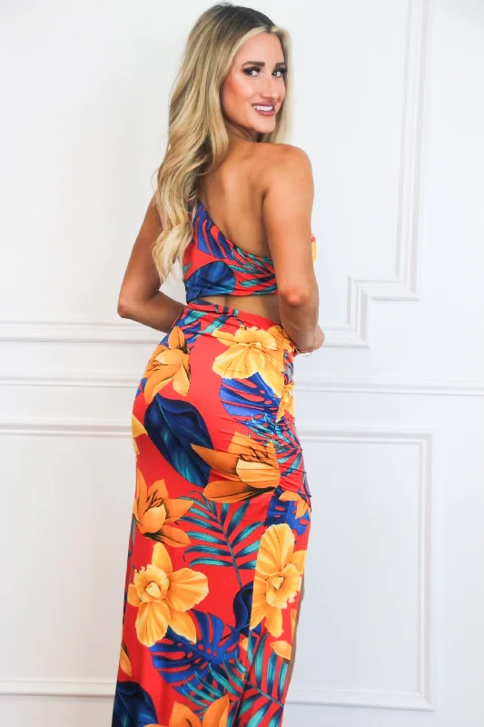 Ava Cutout One Shoulder Maxi Dress: Orange/Blue FLORAL