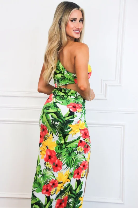 Ava Cutout One Shoulder Maxi Dress: White/Green/Yellow FLORAL