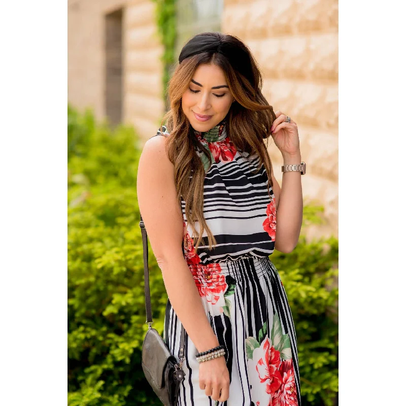 Floral Striped Ruffle Trim Tank Maxi