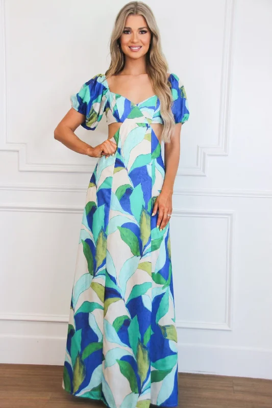 Eyes on Paradise Cutout Floral Maxi Dress: Blue Multi