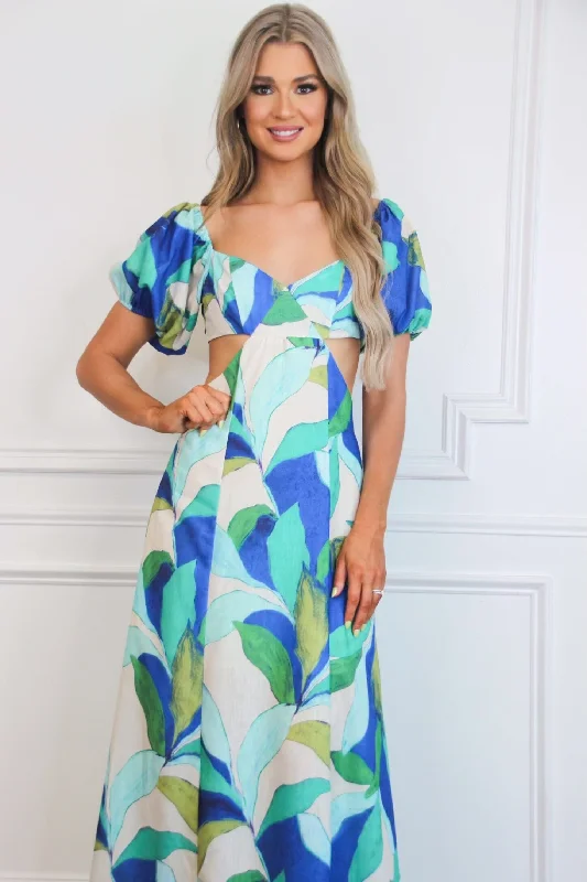 Eyes on Paradise Cutout Floral Maxi Dress: Blue Multi