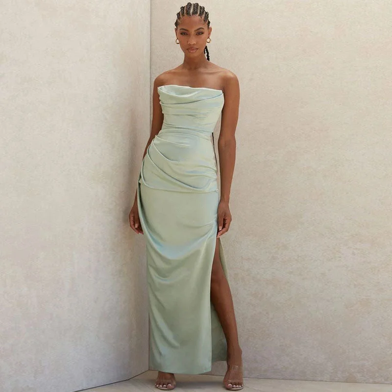 BerryBetty - Cowl Neck Strapless Slit Maxi Evening Dress - Green