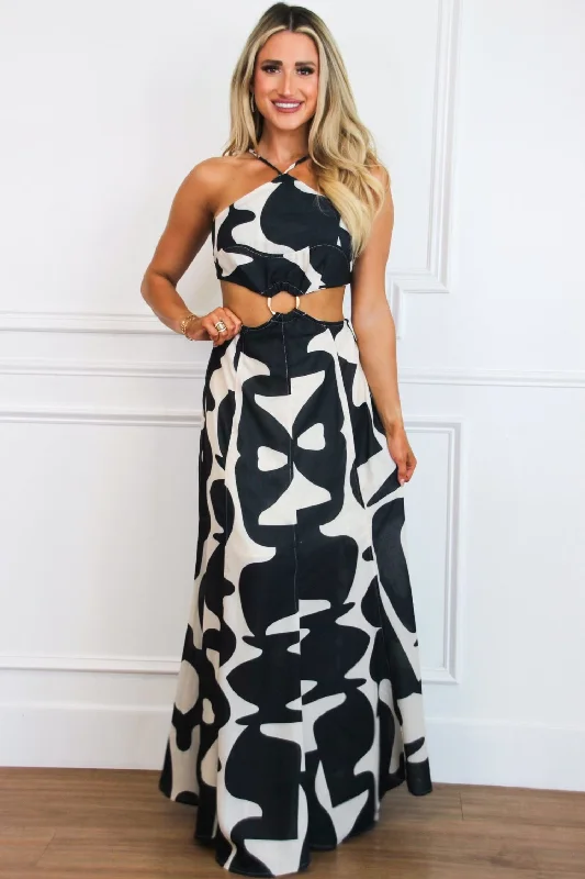 Got it Good Cutout Abstract Maxi Dress: Taupe/Black