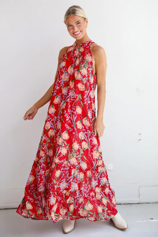 Happily Yours Red Floral Maxi Dress