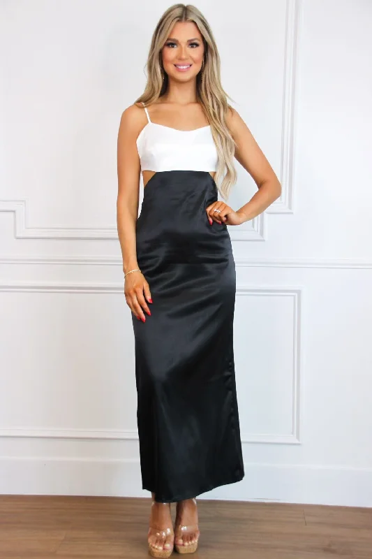 Jodie Colorblock Satin Bow Back Maxi Dress: Black/White