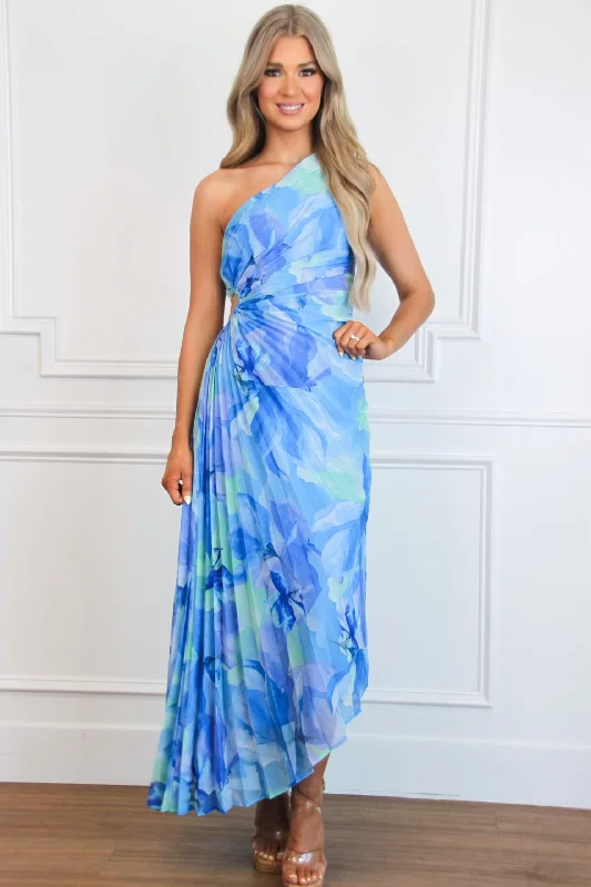 Lisette One Shoulder Floral Pleated Maxi Dress: Blue