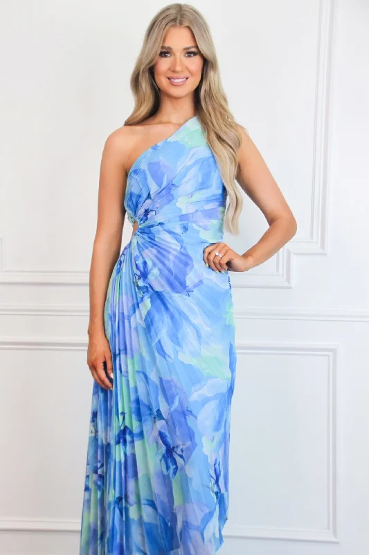 Lisette One Shoulder Floral Pleated Maxi Dress: Blue