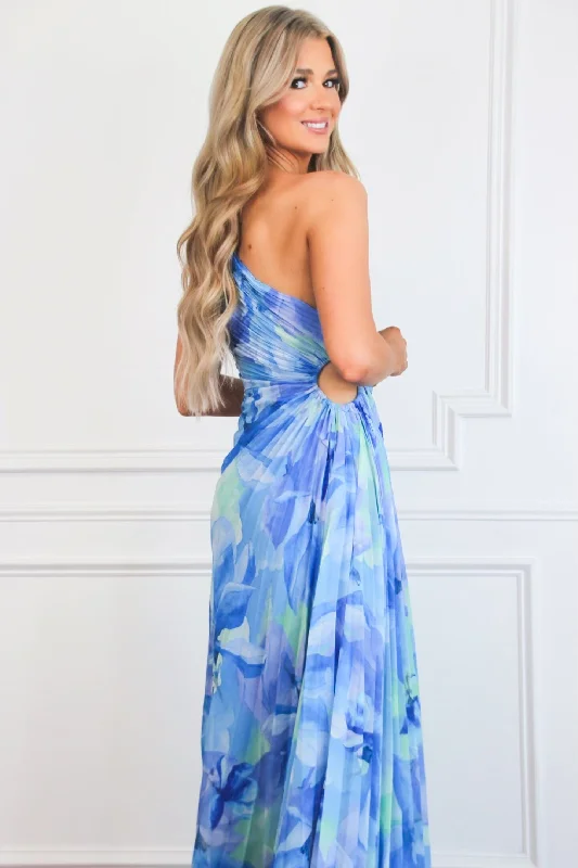 Lisette One Shoulder Floral Pleated Maxi Dress: Blue