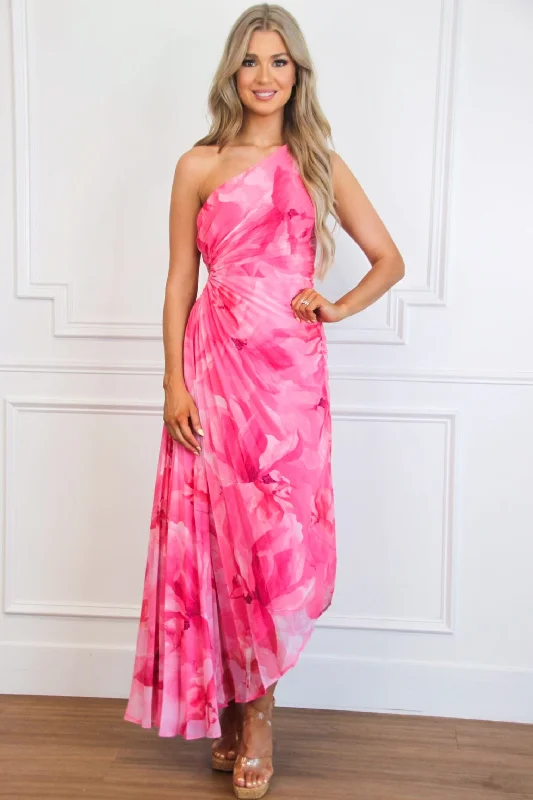 Lisette One Shoulder Floral Pleated Maxi Dress: Fuchsia