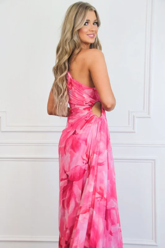 Lisette One Shoulder Floral Pleated Maxi Dress: Fuchsia