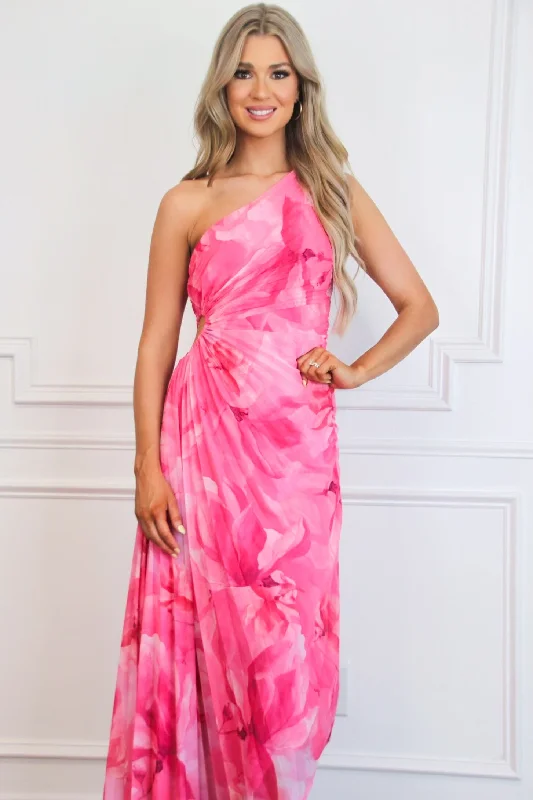 Lisette One Shoulder Floral Pleated Maxi Dress: Fuchsia