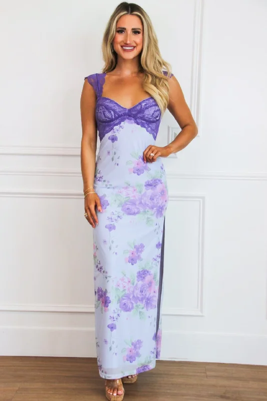 Mavis Floral Lace Maxi Dress: Light Blue/Purple Multi