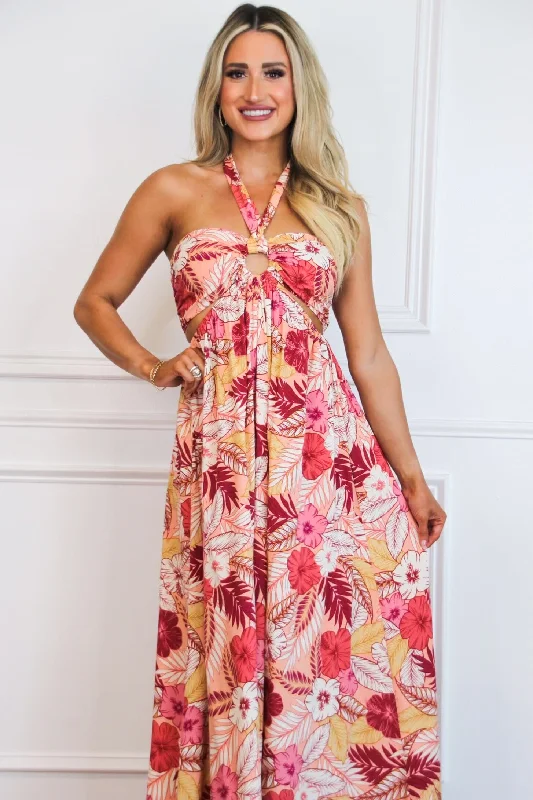 On Vacay Time Halter Cutout Floral Maxi Dress: Peach/Red Multi