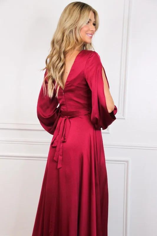 Scarlett Long Sleeve Slit Formal Dress: Burgundy