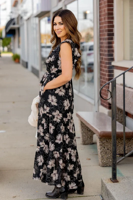 Sheer Floral Tie Waist Maxi Dress