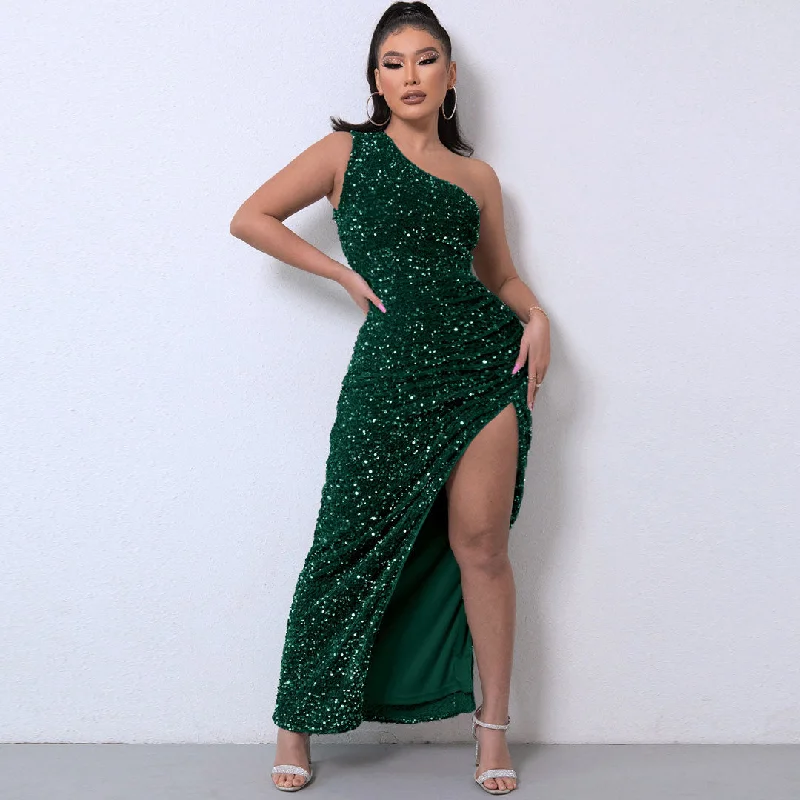 BerryBetty - Shimmery Sequin High Split One Shoulder Gown Maxi Dress - Emerald Green