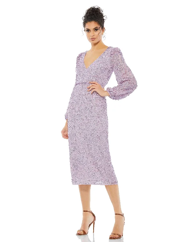 Sequined Illusion Puff Sleeve V Neck Midi Dress