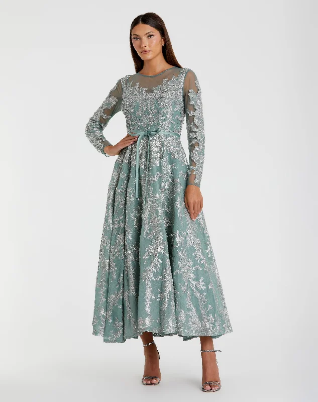 Embellished Bow Belt Illusion Long Sleeve A Line Dress