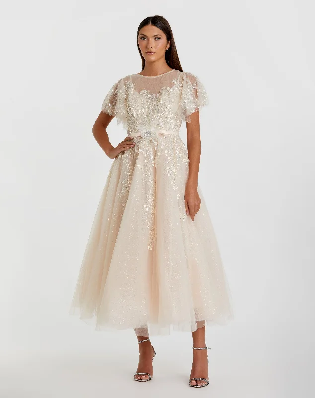 Embellished Flutter Sleeve Bow Waist A Line Dress