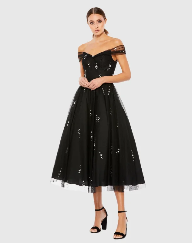 Off The Shoulder Embellished Tulle Cocktail Dress