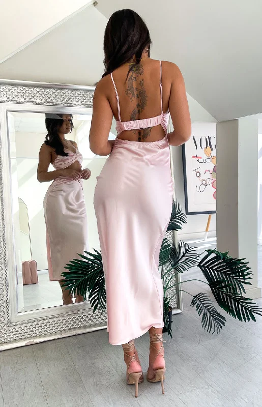 Amelie Pink Twist Satin Midi Dress