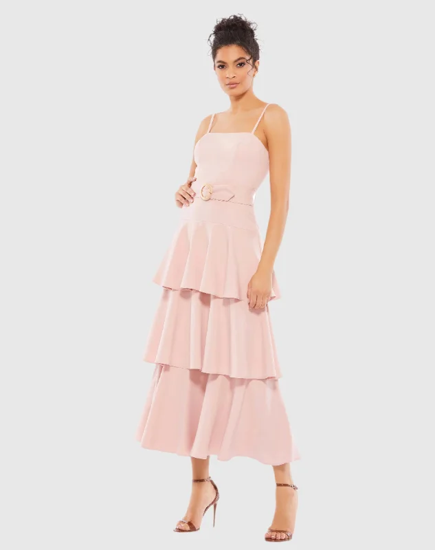 Belted Tiered Ruffle Sleeveless Midi Dress