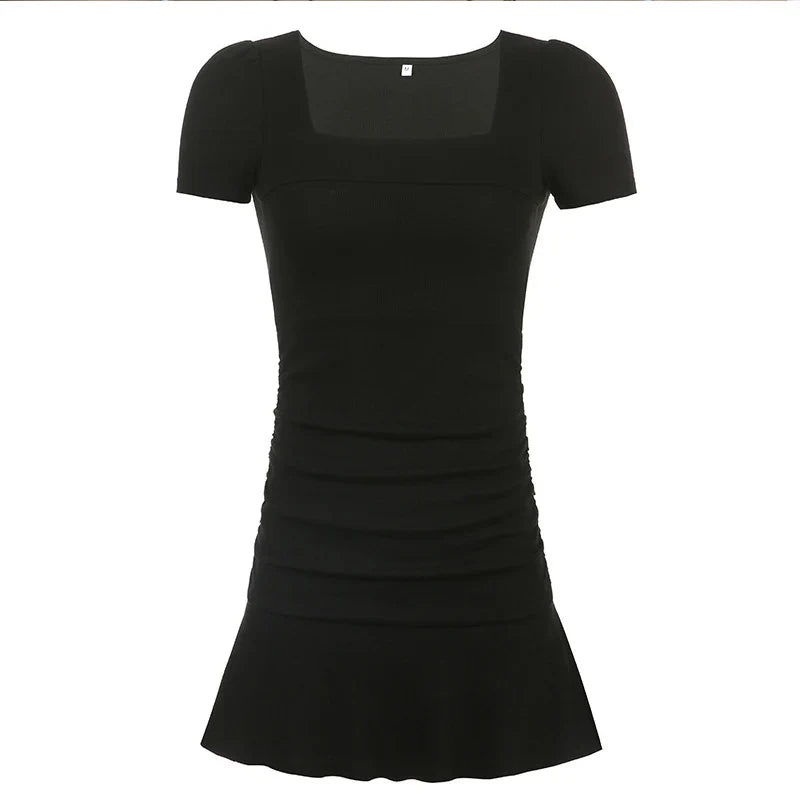 FashionSierra - Ribbed Square Collar Casual Black Short Sleeve Ruffles Patchwork Mini Dress