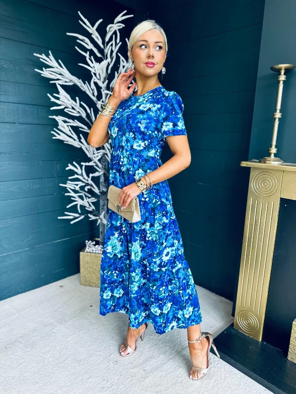 Ellie High Neck Midi Dress Floral Blue