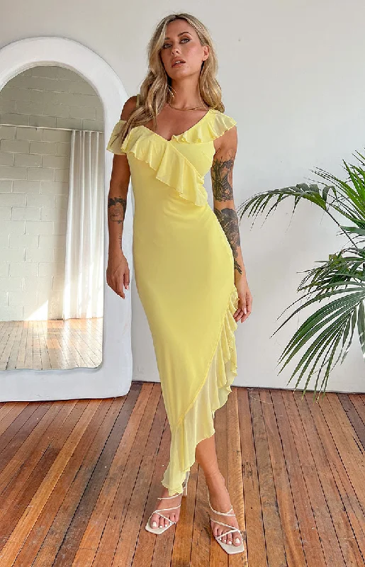 Everleene Yellow Ruffle Mesh Midi Dress