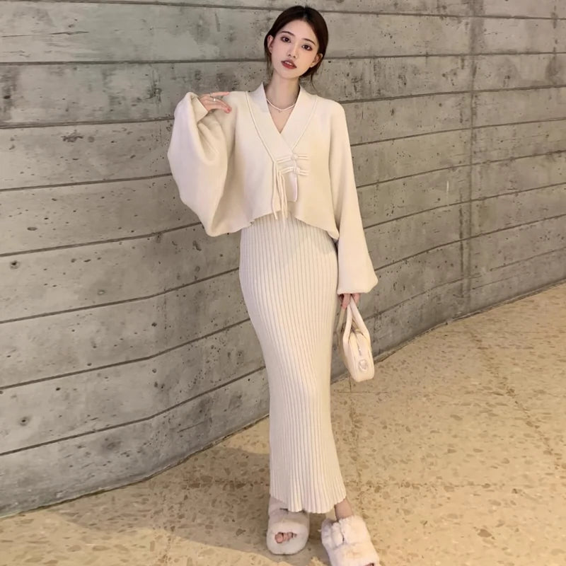 Elegant Knitted  Cashmere  Two-Piece Set with Cardigan& Dress