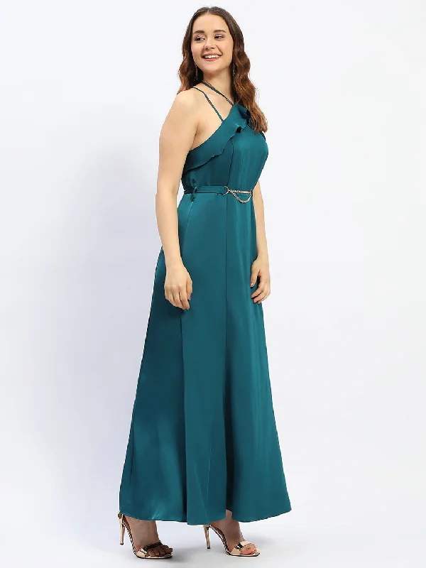 Madame Halter Neck Metal Accented Belt Teal Maxi Dress